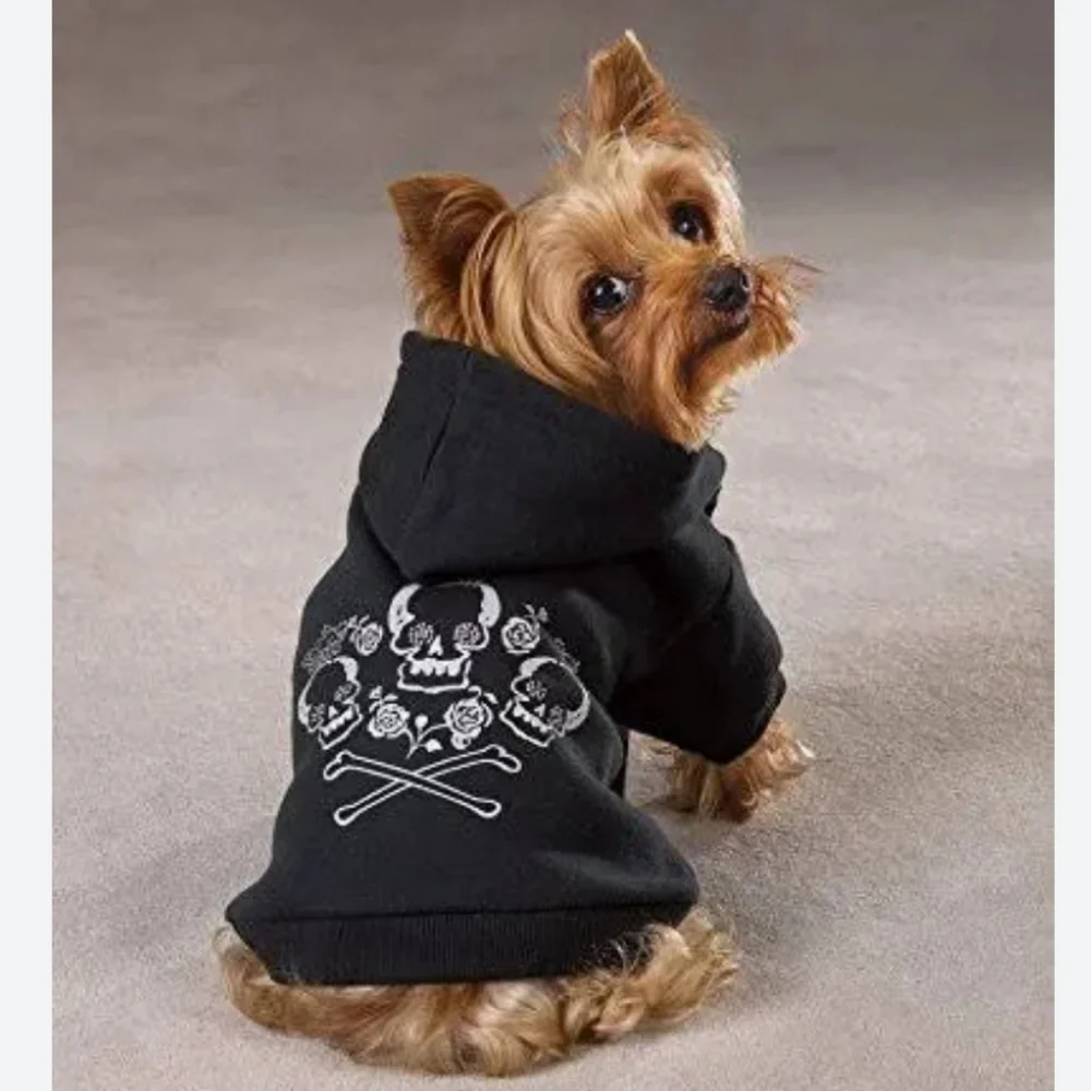 Crowned Crossbone & Rose Black & Silver Dog Hoodie Pet Sweatshirt Sz S